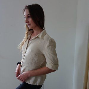 White Silk/Linen Button Up Blouse Collared Shirt